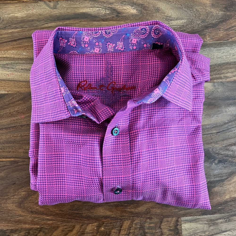 Robert Graham Mens L Purple and Pink Button Up Shirt with Turn Cuffs Cotton